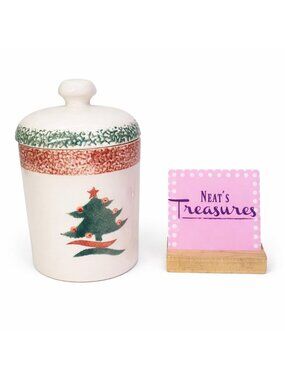 Gibson CHRISTMAS STAR Stoneware Red Green Sponged Tree Medium W Lid Canister Jar